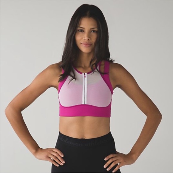 Lululemon raspberry/white high neck zip ready set sweat bra extremely rare 2016 - Picture 2 of 5